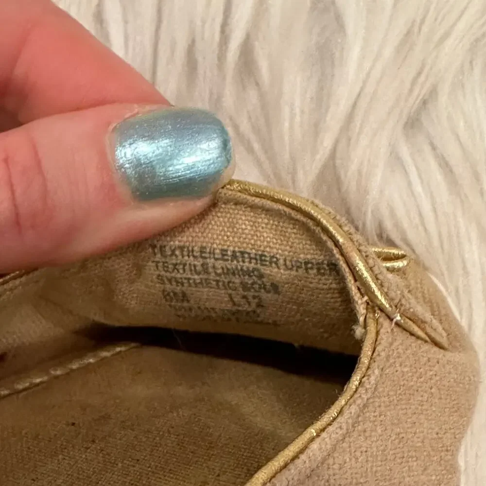 Tory Burch Dakota Flats Sneaker Canvas Leather Bow Logo Shoes, Tan/ Gold